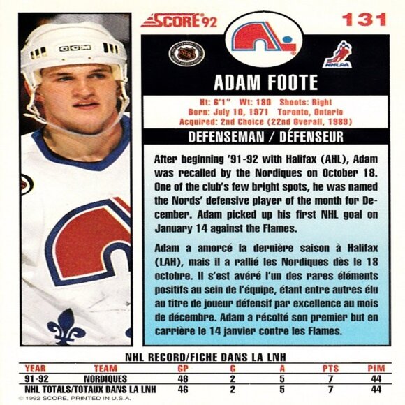 Adam Foote (Quebec Nordiques) Vintage 1992 Score '92 NHL Hockey Card -Number 131 - Picture 2 of 2